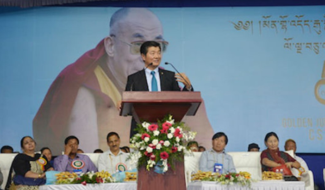 Sikyong Dr Lobsang Sangay speaking at a cultural program hosted as part of the golden jubilee celebration of CST Mundgod, 22 December 2016. Photo: DIIR/CTA