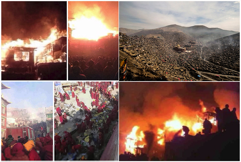Api menghancurkan perumahan di Akademi Buddhis Serthar di Tibet. Foto: Tibet Post International
