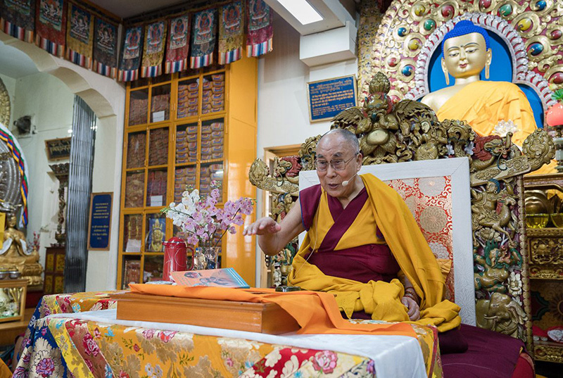 His Holiness the Dalai Lama speaking during the second day of his three day teaching for Tibetan youth at the Main Tibetan Temple in Dharamsala, HP, India on June 6, 2017. Photo by Tenzin Choejor/OHHDL