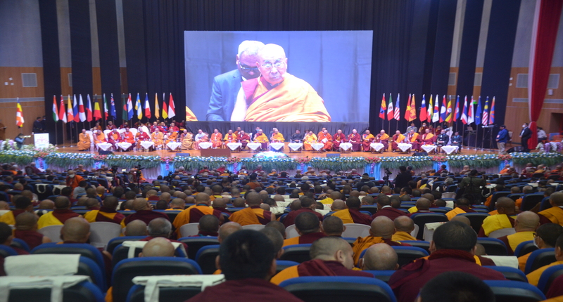 His Holiness the Dalai Lama giving speech at first International Sangha Forum,on December 20, 2023, in International Convention Centre, Bodhigaya, Bihar, India. (Photo: TPI)