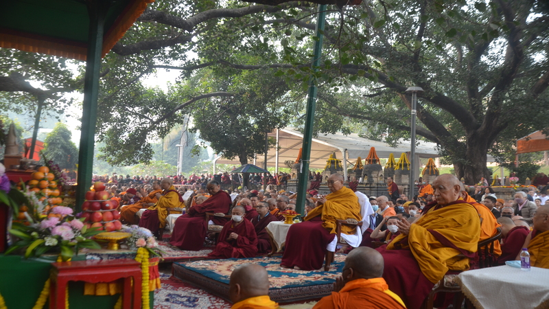 His Holiness the Dalai Lama, Sakya Gongma Rinpoche, Jangtse Chöje Rinpoche, Ganden Tri Rinpoche, during the prayer for world peace at the Mahabodhi Temple on December 23, 2023. (Photo:TPI)