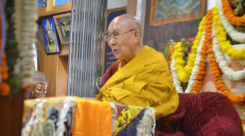 His Holiness the Dalai Lama addressing the congregation at the end of long life prayer ceremony at the Main Tibetan Temple in Dharamshala, HP, India on April 3, 2024. (Photo: TPI)