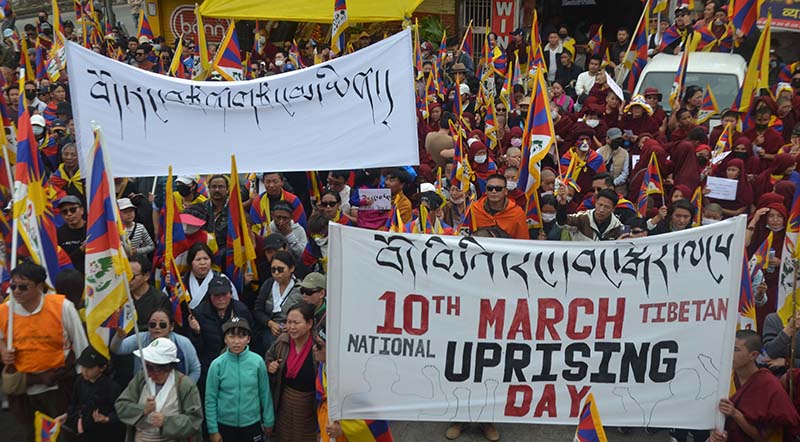 Tibetans commemorated the 65th Anniversary of the Tibetan National Uprising in Dharamshala on March 10, 2024, and protested against China's illegal occupation of Tibet in 1959. (Photo:TPI/Yangchen Dolma)