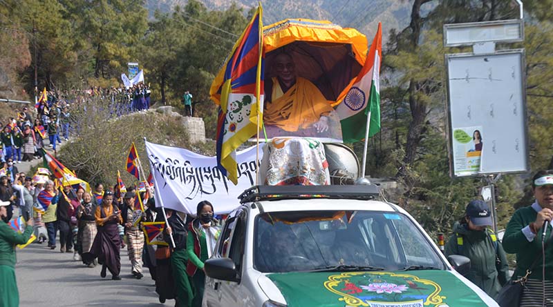 Tibetan women marching from Mcleod Ganj to Dharamshala, to commemorate the 65th Anniversary of the Tibetan Women's National Uprising Day, March 12, 2024. (Photo: TPI)