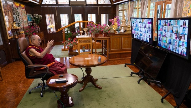 His Holiness speaking on Secular Ethics in Modern Education to members of Mind Mingle by video link from his residence in Dharamsala, HP, India on August 25, 2020. Photo by Ven Tenzin Jamphel