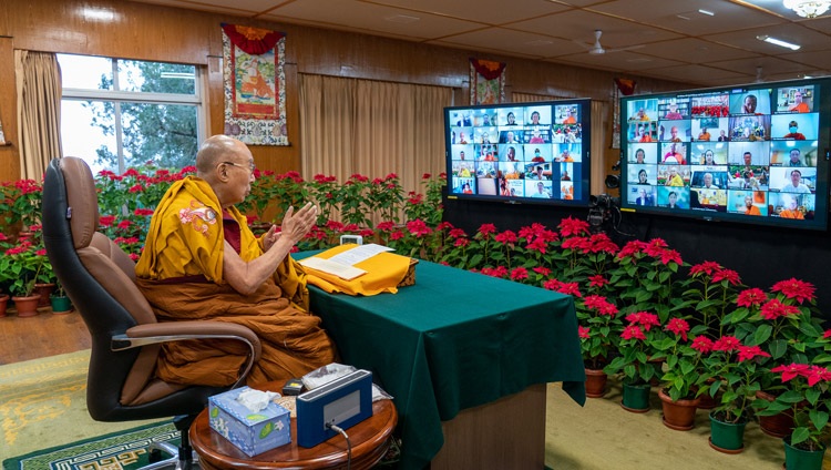 His Holiness the Dalai Lama speaking to Buddhist groups in South and Southeast Asia online on December 17, 2021. Photo: Ven Tenzin Jamphel