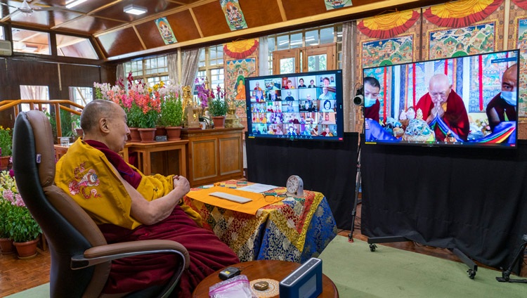 Lama Zopa Rinpoche thanking His Holiness the Dalai Lama at the conclusion of his online teaching from his residence in Dharamsala, HP, India on February 8, 2021. Photo: Ven Tenzin Jamphe