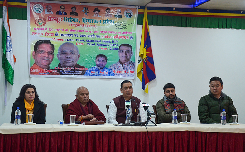 Shri Rajesh Jha, National President of Salute Tiranga addressing at the 72nd Pre-Republic Day Celebration held at Hotel Tibet in McLeod Ganj on January, 22, 2021. Photo: TPI/Yangchen Dolma