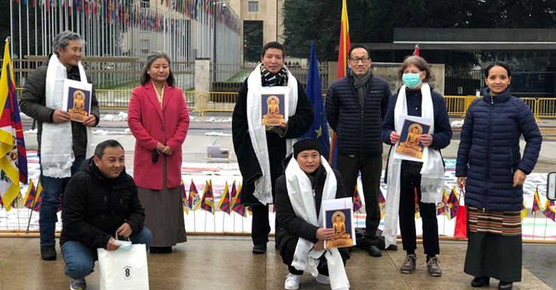 Representative Chhimey Rigzen and staff of the Tibet Bureau with members of Tibet Solidary Movement Group in front of the UN building on 13 January 2021. Photo/ OOT, Geneva