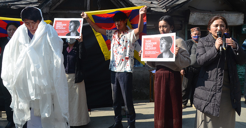 To celebrate the release of the language rights advocate, Tashi Wangchuk, SFT India organised a street play, at main square, Mcleod Ganj, Dharamshala, on January, 2021, describing the events that occurred before and after Tashi was detained. Photo:TPI/Yangchen Dolma