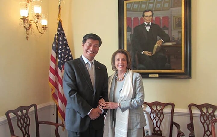 CTA President Dr Lobsang Sangay with Speaker Nancy Pelosi in US.   Photo: Tibet.net