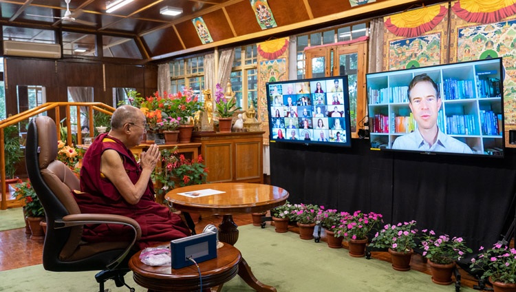 His Holiness the Dalai Lama talks with Dr. Mark Williamson, Director of Operation Happiness, on July 28, 2021. Photo credit: Tenzin Jamphel