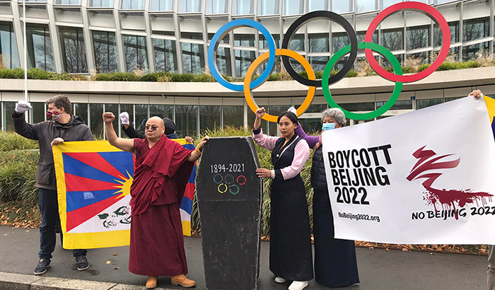 Tibetan activists protesting in front of the International Olympic Committee (IOC) headquarters in Lausanne, Switzerland, on November 26, 2021. Photo: file