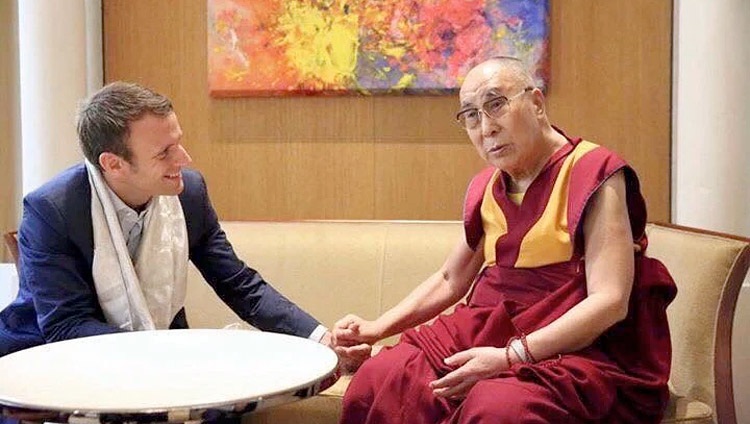 His Holiness the Dalai Lama and Emmanue Macron in 2016. Photo: file