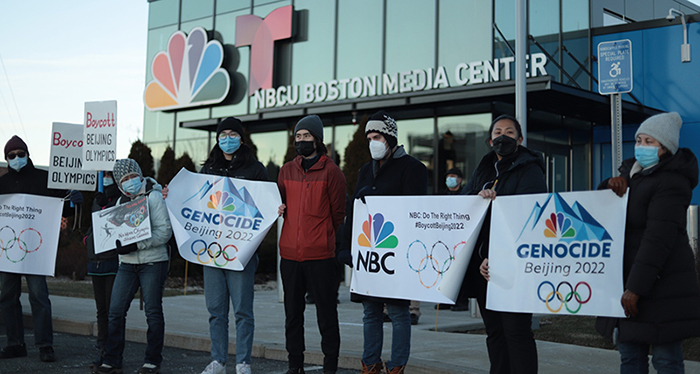 Activists demanding NBC not to broadcast the 2022 Beijing Olympics, outside NBC Headquarters in Massachusetts. Photo: File