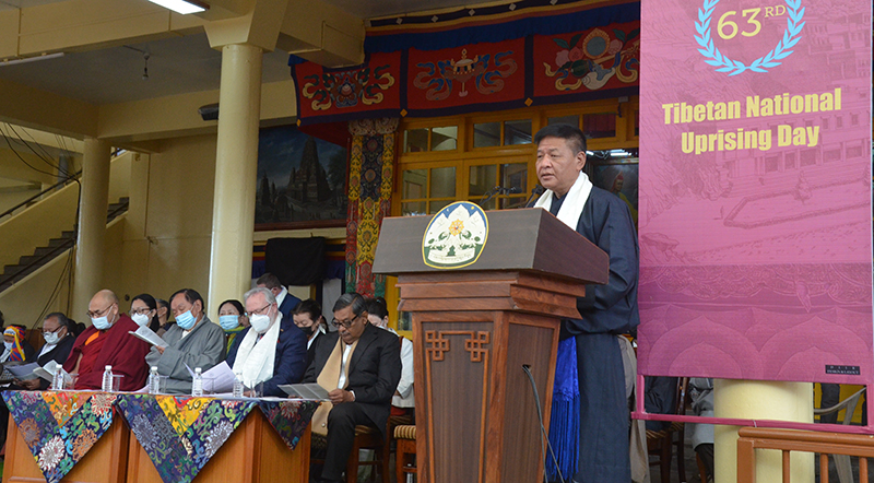 Sikyong Penpa Tsering delivering the Kashag's statement on the Tibetan National Uprising Day to the public, on 10 March 2022. Photo: TPI/Yangchen Dolma