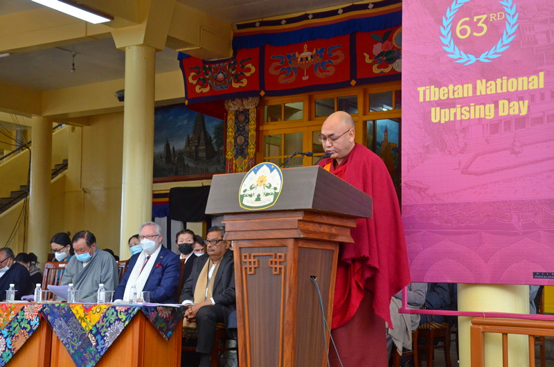 Tibetan Parliament in-Exile Speaker Khenpo Sonam Tenphel delivering the 63rd National Uprising Day statement in Dharamshala, India, on 10 March 2022. Photo: TPI/Yangchen Dolma