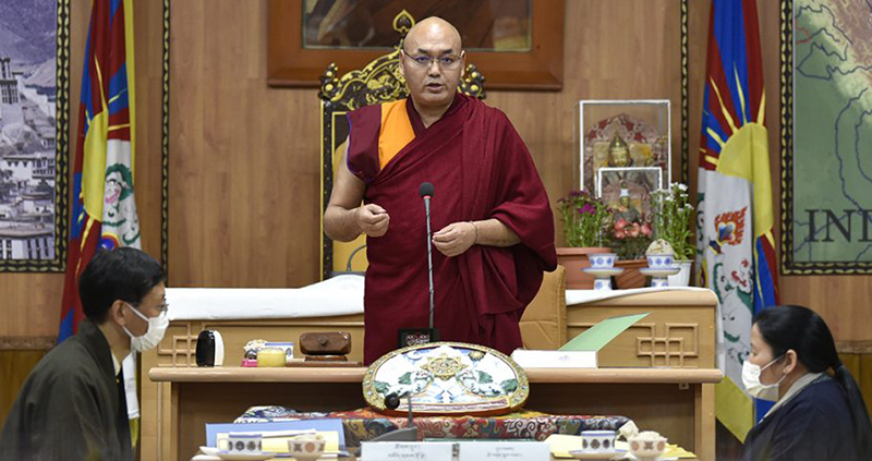 Tibetan Parliament Speaker Khenpo Sonam Tenphel delivering his opening speech of the third session, which commenced in Dharamshala, India, on Monday March 14, 2022. Photo: TPiE