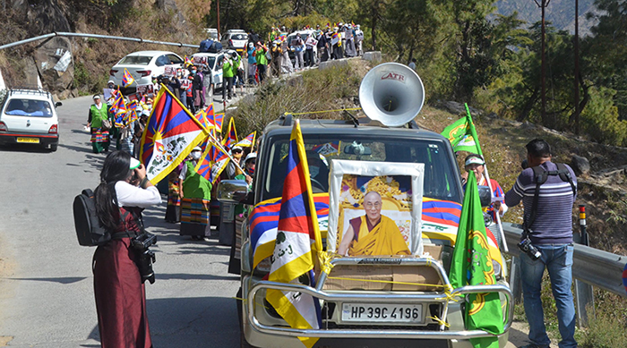 Tibetans marching from Mcleod Ganj to Kacheri, to commemorate the 63rd anniversary of Tibetan Women's Uprising Day, on March 12, 2022. Photo: TPI/Yangchen Dolma