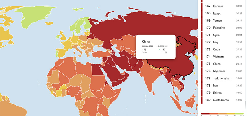 The 20th World Press Freedom Index published by Reporters Without Borders (RSF) on May 3, 2022. Photo: RSF