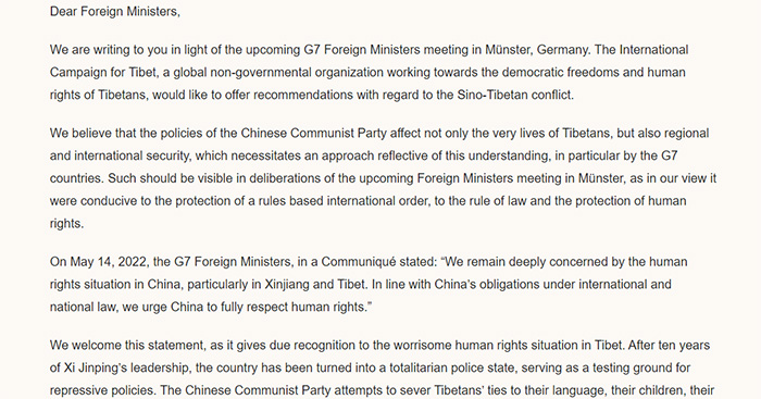 The letter of ICT to Foreign Ministers of G7 on November 2, 2022. Photo: file
