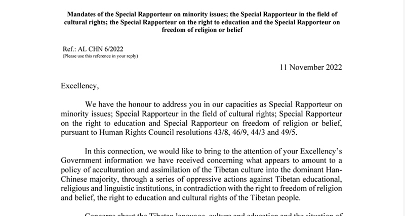 The joint letter of UN human rights bodies to the Chinese government. Photo: file