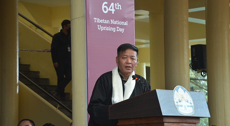 Sikyong Penpa Tsering of CTA reading the statement of Kashag at the official commemoration of the 64th Tibetan Uprising in Dharamshala, March 10, 2023. Photo: TPI