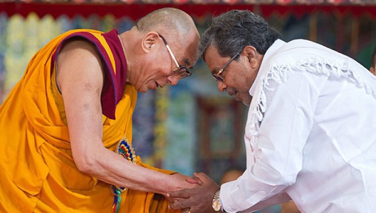 His Holiness the Dalai Lama with Karnataka Chief Minister Siddaramaiah during His Holiness's 78th birthday celebrations at Sera Je Monastery in Bylakuppe, Karnataka, India on July 6, 2013. Photo: Tenzin Choejor