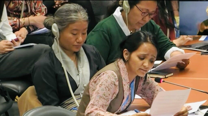 Kalden Tsomo, UN Advocacy Officer, speaking at the panel in Geveva, Switzerland on May 8, 2023. (Photo:Tibet Bureau)