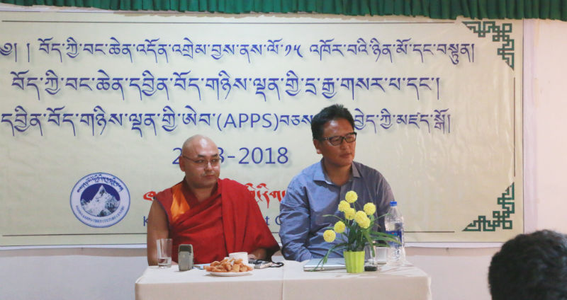Speaker Khenpo Sonam Tenphel and Director Serta Tsultrim during a press conference to mark the 15th anniversary of the Tibet Express, Dharamshala, India, on April 19, 2018. Photo: TPI/Yeshe Lhamo