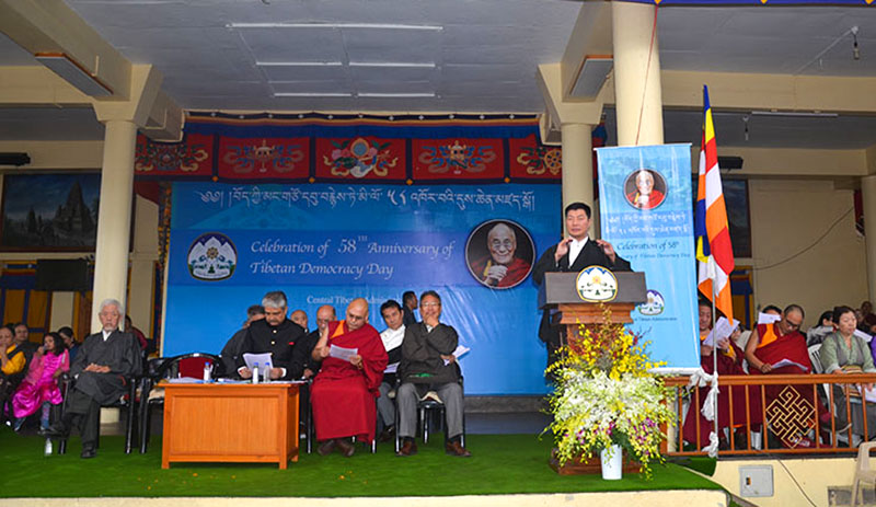 To celebrate 58th Tibetan Democracy Day, President Dr Lobsang Sangay addressing the crowd gathered at the main Temple in Dharamshala, India, on September 2, 2018. Photo: TPI/Yangchen Dolma