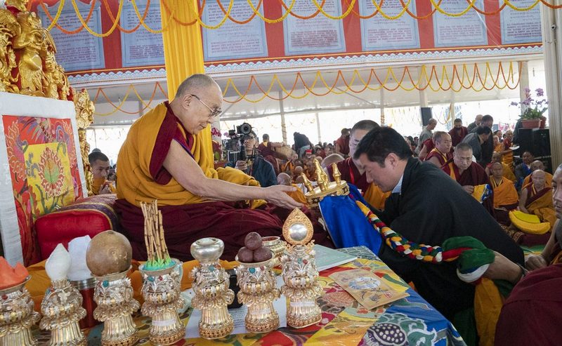 President Dr Lobsang Sangay on behalf of  the Central Tibetan Administration presenting the offerings to His Holiness the Dalai Lama during the Long Life Offering ceremony at the Kalachakra Teaching Ground in Bodhgaya, 31 December 2018. Photo:Tenzin Phende/CTA