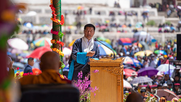 President  Dr Lobsang Sangay, speaking at celebrations on His Holiness the Dalai Lama's 83rd birthday in Leh, Ladakh, J&K, India on July 6, 2018. Photo by Tenzin Choejor