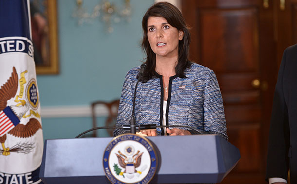 U.S. Permanent Representative to the United Nations Nikki Haley delivers remarks to the press on the UN Human Rights Council, at the U.S. Department of State in Washington, D.C., on June 19, 2018. [State Department photo/ Public Domain]