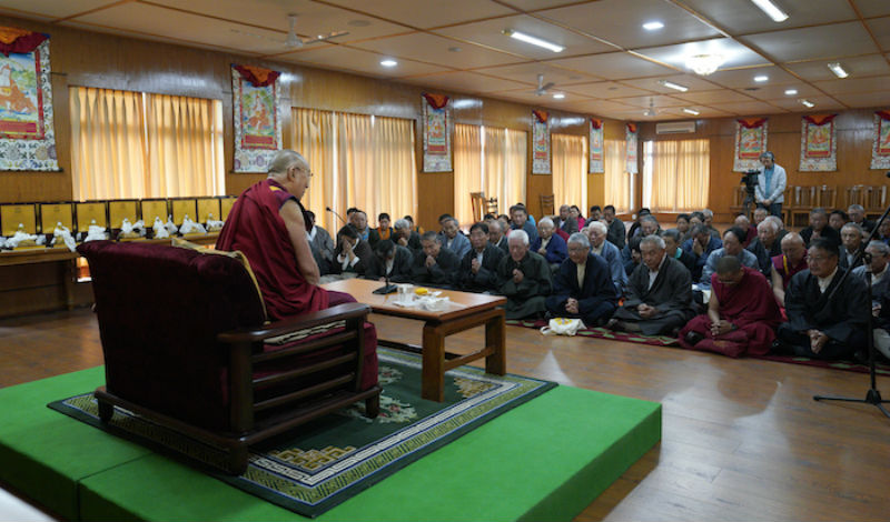 His Holiness the Dalai Lama speaking at the ceremony of honouring retired officials of the CTA at his residence, May 2, 2018. Photo/Tenzin Choejor/OHHDL