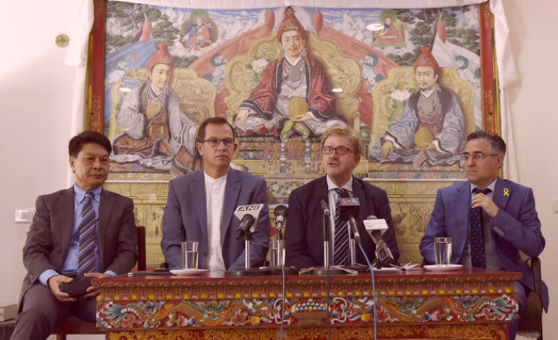 Delegation consisting of MEP Thomas Mann, MEP CSaba Sogor and MEP Ramon Tremosa with Representative Tashi Phuntsok at the press conference on 10 May 2018. Photo/Tenzin Phende/DIIR