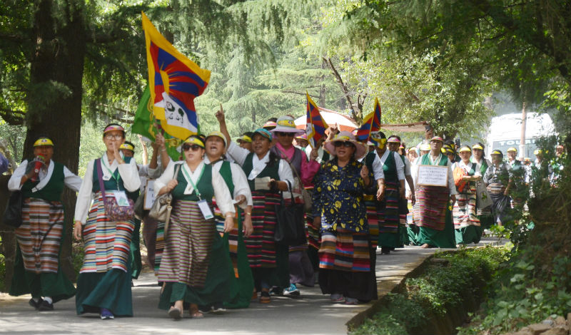 Over hundred of Tibetan women led by the TWA staging a peaceful protest in Dharamshala, India on May 17, 2018, to mark the 23rd year of the 11th Panshen Lama, Gedhun Choekyi Nyima abduction by authorities in Beijing. Photo: TPI/Jamyang Dorjee