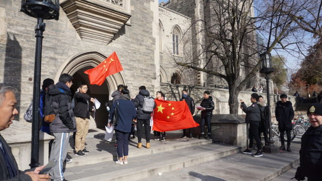 Chinese students protesting against a visit by Tibetan President Dr Lobsang Sangay, at the entrance of the Hart House, University of Toronto, Canada, on November 19, 2018. Photo: Sikyong Office