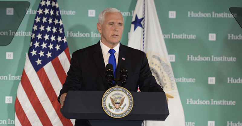 Vice President Mike Pence delivering his remarks on the Administration's Policy Towards China at Hudson Institute, Washington, D.C., USA, on October 4, 2018. Photo: Hudson Institute
