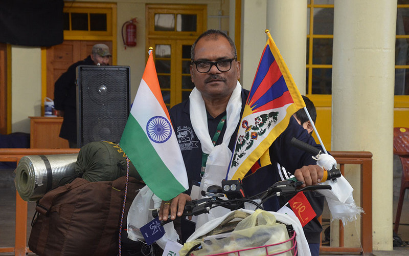 Sandesh Meshram starting his bicycle rally for Free Tibet and Save India in Dharamshala, India, on December 1, 2019 till 10th March 2020. Photo: TPI/Yangchen