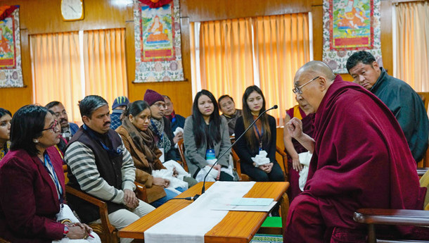 His Holiness the Dalai Lama speaking to a group of Indian scholars at his residence in Dharamsala, HP, India on January 24, 2019. Photo: Ven Tenzin Jamphel