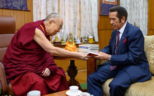 His Holiness presenting former President of Botswana Ian Khama with one of his books during their meeting at his residence in Dharamshala, HP, India on March 10, 2019. Photo by Tenzin Choejor