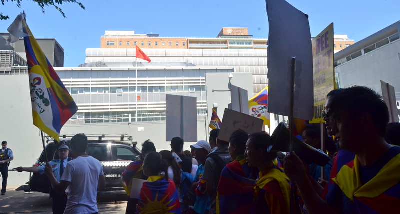 On March 10, 2019, Tibetans and supporters staging a protest in front of the Chinese consulate as they commemorate the 1959 national uprising day against China's military occupation of Tibet. Photo: TPI/Yeshe Choesang
