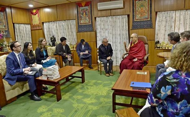 His Holiness the Dalai Lama speaking to the U.S delegation led by Ambassador Sam Brownback of U.S Ambassador at large for Religious Freedom, in Dharamshala, India, on Monday, October 28, 2019. Photo: OOHHDL