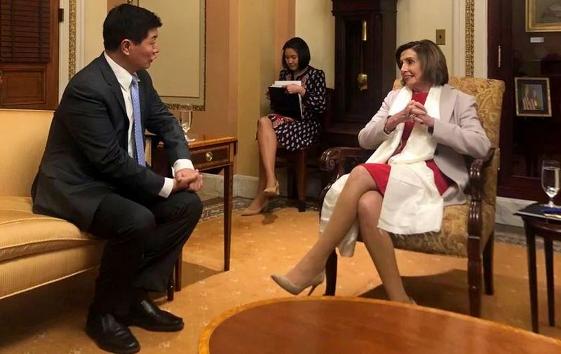 Sikyong Dr Lobsang Sangay with Nancy Pelosi, Speaker of the United States House of Representatives, in Washington D.C., on February 13, 2020. Photo: OOT, Washington DC