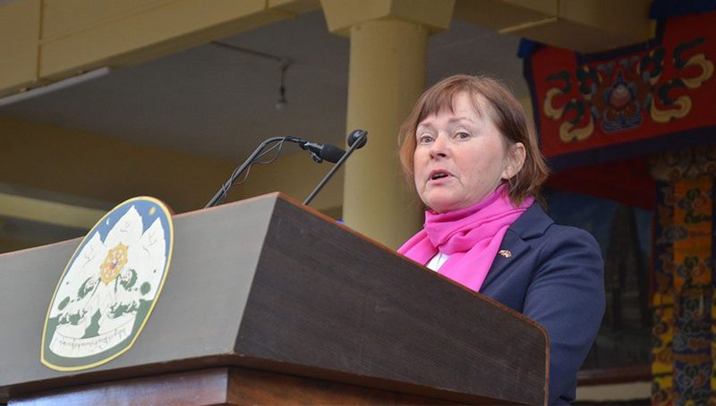 Special guest, Dana Balcarova, a founding member of the Czech Parliamentary Group for Tibet, addressing the official gathering of the 61st Tibetan National Uprising Day in Dharamshala, India, on March 10, 2020. Photo: TPI/Yangchen Dolma